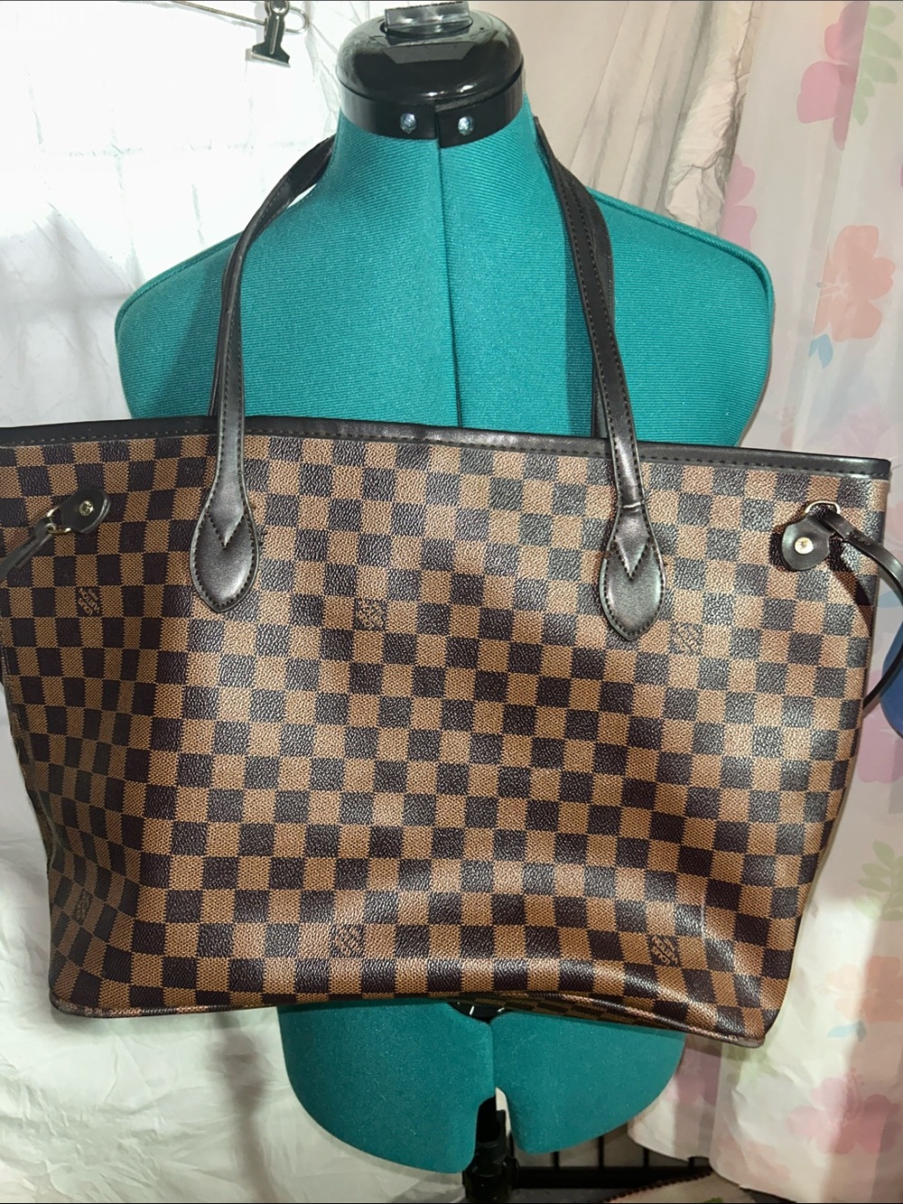 Designer inspired Brown Check Pattern Tote Bag with Dark Brown Handles